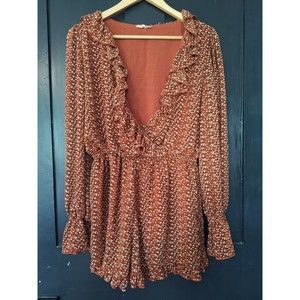 Easel womens brown Floral long sleeve v-neck ruffle Romper shorts Size Small S